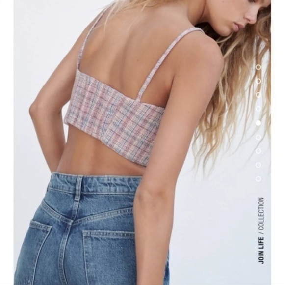 Zara White and Blue Pink Tweed Cropped Bralette Size Small Summer top NWT - Picture 2 of 10